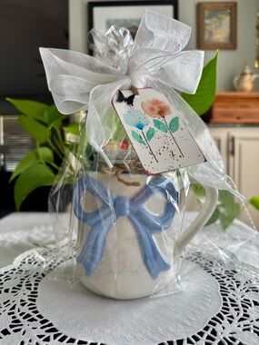 Stuffed mug self care Women Bath & Body Gift Mug with Blue Bow includes 5 items